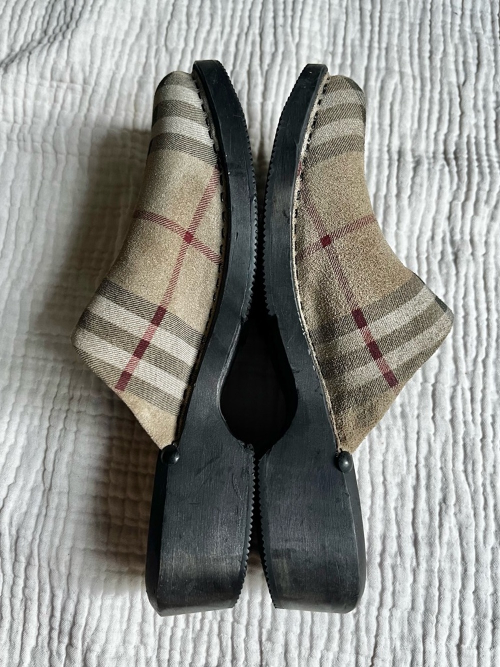 Vintage Burberry Tan Nova Check Plaid Wood Clogs Sz 38 - Picture 6 of 9
